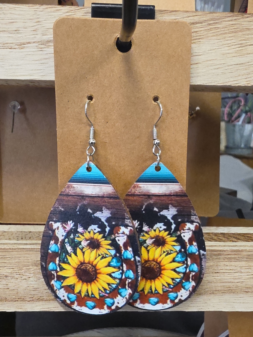 Western Sunflower Horseshoe Teardrop Wood Earrings - Lightweight